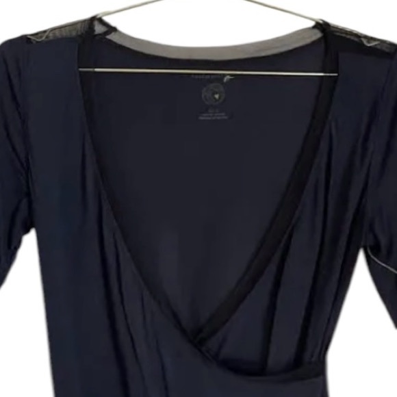 Intimately FP sz S black short sleeve V-neck wrap front thong bodysuit mesh trim - Picture 3 of 16